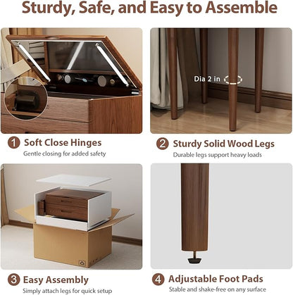 Solid Wood Small Vanity Desk with Mirror and Lights, Narrow Makeup Vanity for Small Space, Flip Top Vanity Side Table, 3 Color Modes & Adjustable Brightness, 23.6" Slim Dressing Table, Walnut