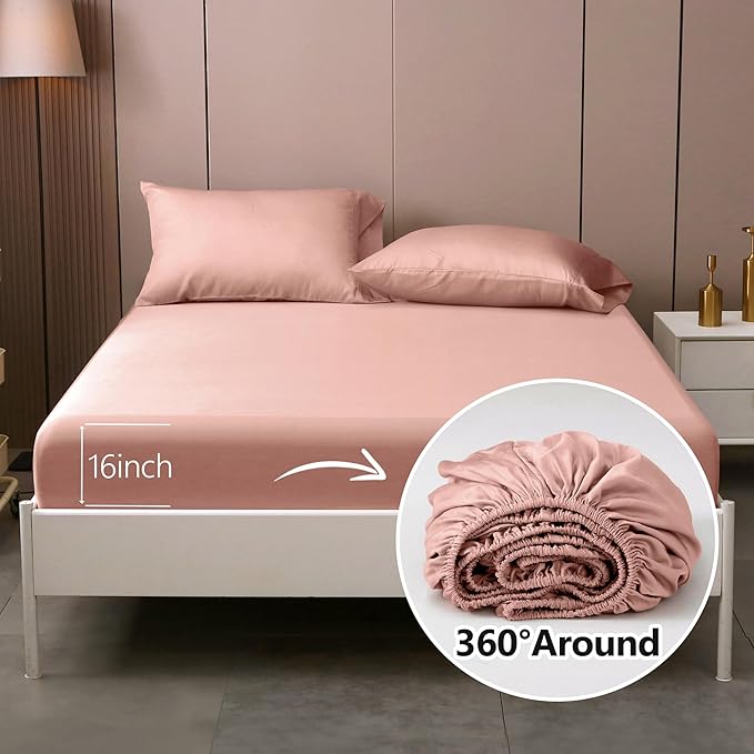 King Sheets, Rayon Derived from Bamboo, Cooling Bed Sheets Set,Deep Pocket Up to 16", 4 Pieces Silky Soft, Breathable Bedding Sheets & Pillowcases(Pink,King)