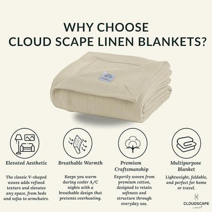Cloud Scape Linen 100% Cotton Blanket Twin 68x92 Fog - Cozy Herringbone Weave, Fits Up to Twin XL Size Beds, Breathable Softness, All-Season Warmth, Winter Blanket, Bedding Gift Choice