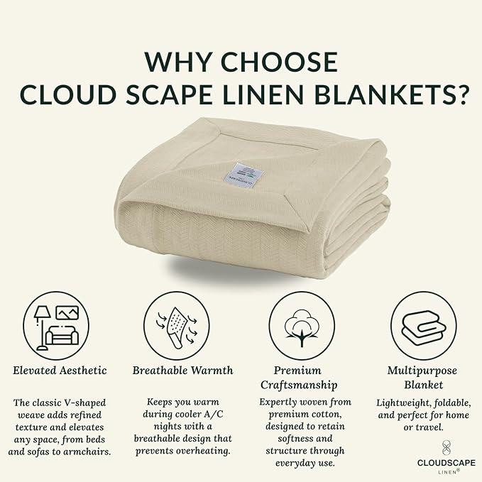 Cloud Scape Linen 100% Cotton Blanket King 92x108 Fog - Cozy Herringbone Weave, Fits Up to Cal King Beds, Breathable Softness, All-Season Warmth, Heavy Layering Winter Blanket