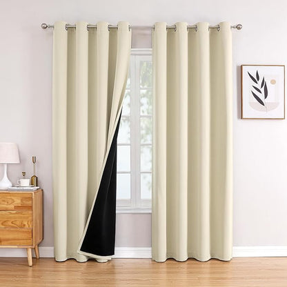 ChrisDowa 100% Blackout Curtains 120 inch Long for Bedroom with Black Liner, 2 Thick Layers Total Blackout Thermal Insulated Grommet Window Curtains 2 Panels Set (Light Beige, 52 x 120 Inch)