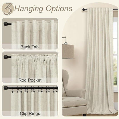 Pitalk 132 Inch Extra Long Living Room Curtains for Large Window Darkening Blackout Linen Drape Back Tab Pleated Black Out Floor to Ceiling Curtain for Patio Sliding Doors 11 FT Length 2 Panel Beige