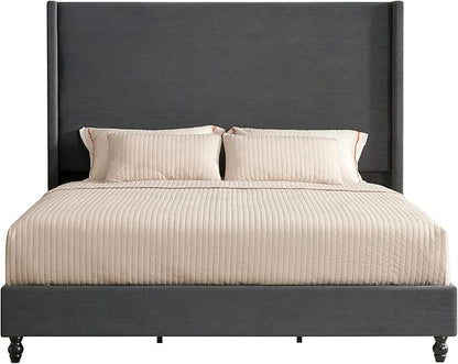 Queen Bed Frame with 63" Tall Headboard, Horizontal Fine Corduroy Bed Frame with Wingback, Upholstered Platform Bed, Vintage Solid Wood Gourd Legs, No Box Spring Needed, Black