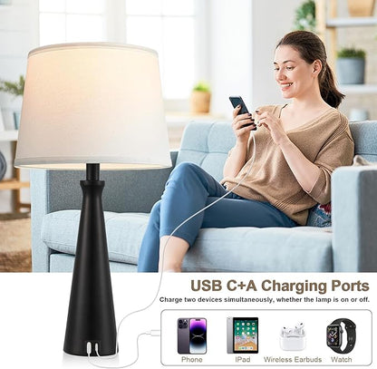 Seealle Single Modern Table Lamp - Touch Bedside Lamp for Nightstand with USB Dual C+A,3-Way Dimmable Black Nightstand Lamp for Living Room Bedroom End Table(Bulb Included)