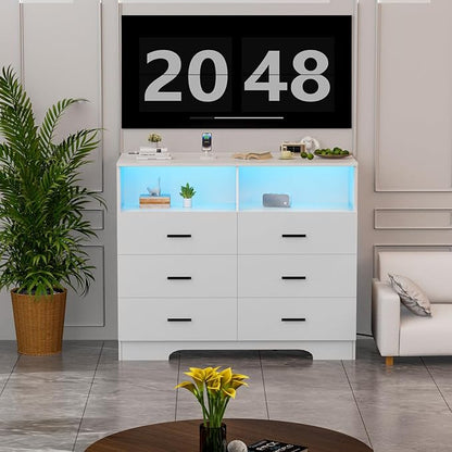 Dresser with Power Outlets and LED Lights Wooden 6 Drawer Dresser with Large Organizer Tall White Drawer for Bedroom Modern Chest of Drawers Closet for Living Room Kids Room