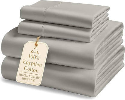 100% Egyptian Cotton Sheets Queen Size Set – 1000 Thread Count Silky Sateen Weave Sheets, 15" Secure Fit Deep Pocket Queen Sheet Set, Naturally Breathable, Hotel-Quality Luxury You Can Feel - Silver