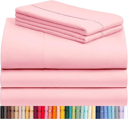 LuxClub 5 PC Split King Sheet Set, Deep Pockets Wrinkle Free Cooling Bed Sheets Hotel Bedding for Women, Men, Includes 1 Fitted Sheet, 1 Flat Sheet and 2 Pillowcases-Baby Pink