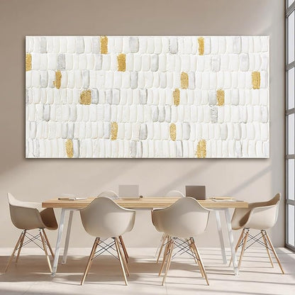 YETHEN WAL White and Gold Textured Wall Art 29x58, Hand-Painted Neutral Abstract Canvas, Gold Leaf Minimalist Oversized Wall Decor for Living Room Bedroom Office