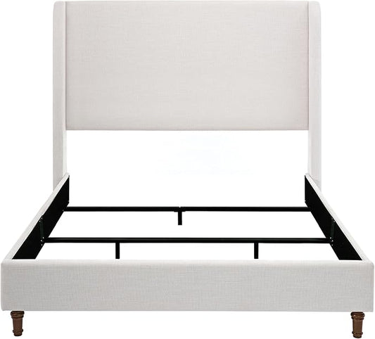 Harper Upholstered Wingback Bed Frame with 54" Extra-Tall Headboard - Modern Textured Chenille Platform Bed, Solid Oak Wood Feet, Sturdy Metal Foundation, Box Spring Required(Ivory Queen)