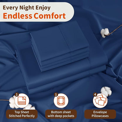 LBRO2M 1000 Thread Count 100% Egyptian Cotton Sheets Set 6 Piece Sets Queen Bed Sheet Deep Pocket Sheet Set 16" Soft Comfortable All Season (Queen, Navy Blue)
