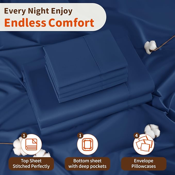 LBRO2M 1000 Thread Count 100% Egyptian Cotton Sheets Set 6 Piece Sets Full Size Bed Sheet Deep Pocket Sheet Set 16" Soft Comfortable All Season (Full, Navy Blue)