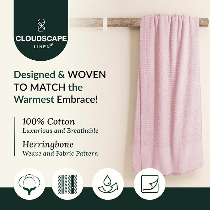 Cloud Scape Linen 100% Cotton Blanket 92x92 Seashell Pink - Cozy Herringbone Weave, Fits Up to for Full Size Beds, Breathable Softness, All-Season Warmth, Winter Blanket, for Women