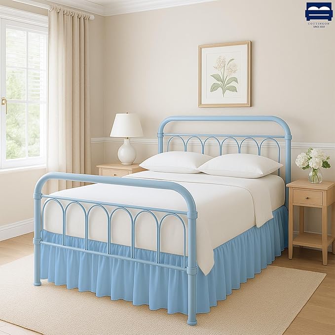 Cottingon Ruffled Bed Skirt with Split Corners-Dust Ruffle - 14" Drop 100% Microfiber Soft,Sheen & Luxurious Look - Bed Skirts (Light Blue -Twin)