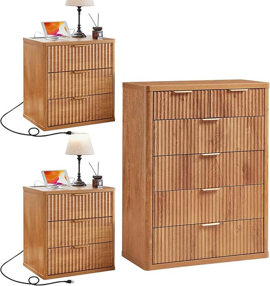 LEYAOYAO 42" Tall Fluted Dresser and 3 Drawers 23" Nightstand Set of 2, Wooden Dresser & Night Stand with Charging Station, 3 Piece Bedroom Furniture Set, Wood Chest of Drawer for Living Room,Brown