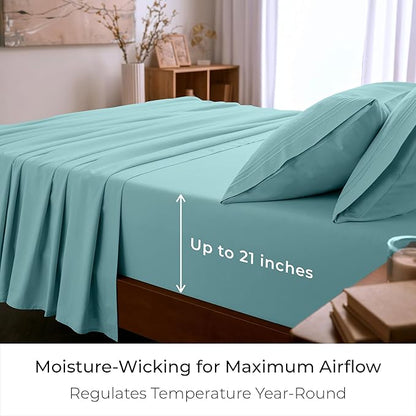Mellanni Queen Sheet Set - 6-Piece Iconic Collection Bedding, (Including 4 Pillowcases), 21-Inch Extra Deep Pocket, Easy Care, Ultra Soft, Cooling Sheets, Brushed Microfiber - Aqua