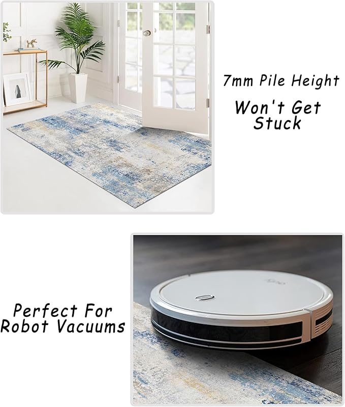 vivorug 9x12 Area Rugs for Living Room, Non Slip Machine Washable Modern Abstract Rug, Ultra-Thin Lightweight Large Area Rug for Bedroom, Dining Room, Low Pile, Blue Ivory Yellow