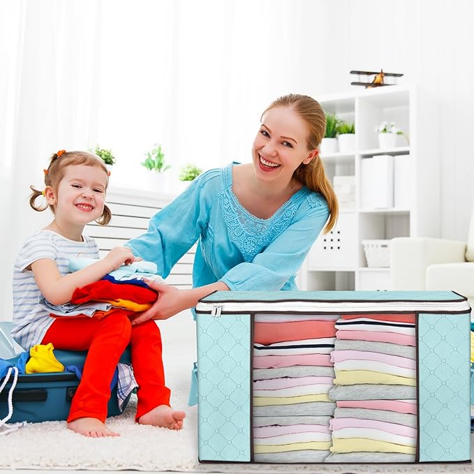 Budding Joy 90 L Large Storage Bags, 6 Pack Clothes Storage Bins Foldable Closet Organizer Storage Containers Storage and Organization for Clothes, Blanket, Comforters, Bed Sheets, Pillows (Blue)