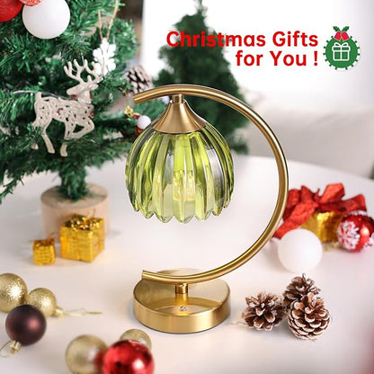 Tulip Table Lamp with 5200mAh Battery & Touch Control, Cordless Lamp with 3 Color Temperatures Clear Bulb, Rechargeable Small Table Lamps for Living Room, Bedside, Nightstand (Green Tulip)