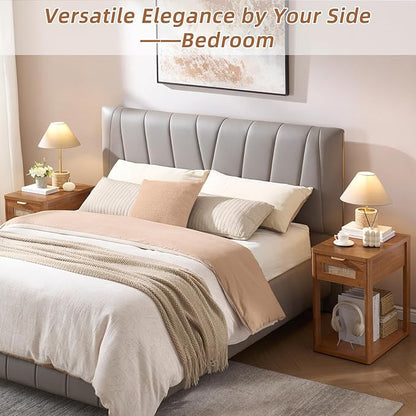 LEYAOYAO Narrow Side Table Set 2 with Charging Station, 24x14''Rattan Night Stand with Drawer Storage,Bedside End Table with Metel Handle for Small Spaces, Wood Boho Nightstand for Living Room Bedroom