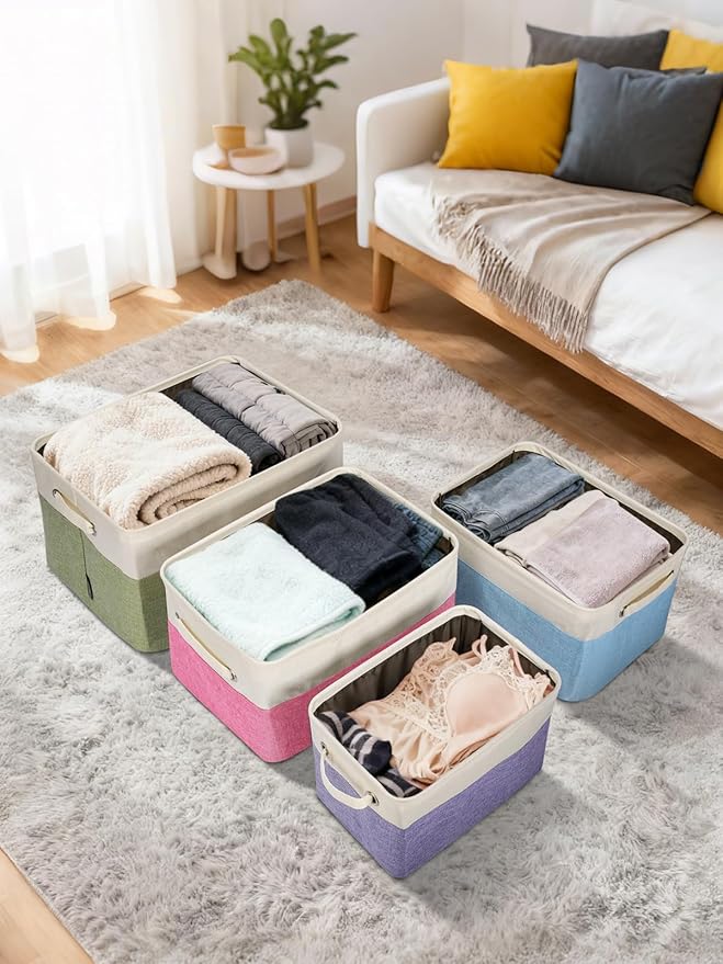 BALEINE 3 Pack Fabric Storage Bins for Shelves, Linen Storage Baskets for Organizing, Decorative Closet Bins for Clothes, Home (Lavender, 15''x11''x9.5'')