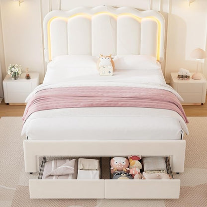 Velvet Upholstered Full LED Bed Frame with 2 Storage Drawers and Adjustable Chic Double Wavy Headboard, Princess Platform Bed with Charing Station, Solid Wood Slats Support,No Box Spring Needed,Beige