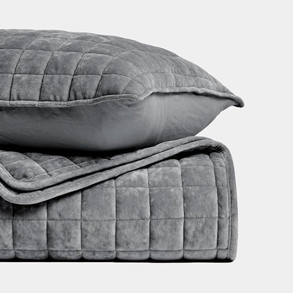 RECYCO Luxury Velvet Quilt Set Full Queen Size Bedding Sets, Ultra Soft Velvet Comforter Set, Lightweight Channel Box Stitch Oversized Bedspread Coverlet for All Season, with 2 Shams, Charcoal Gray