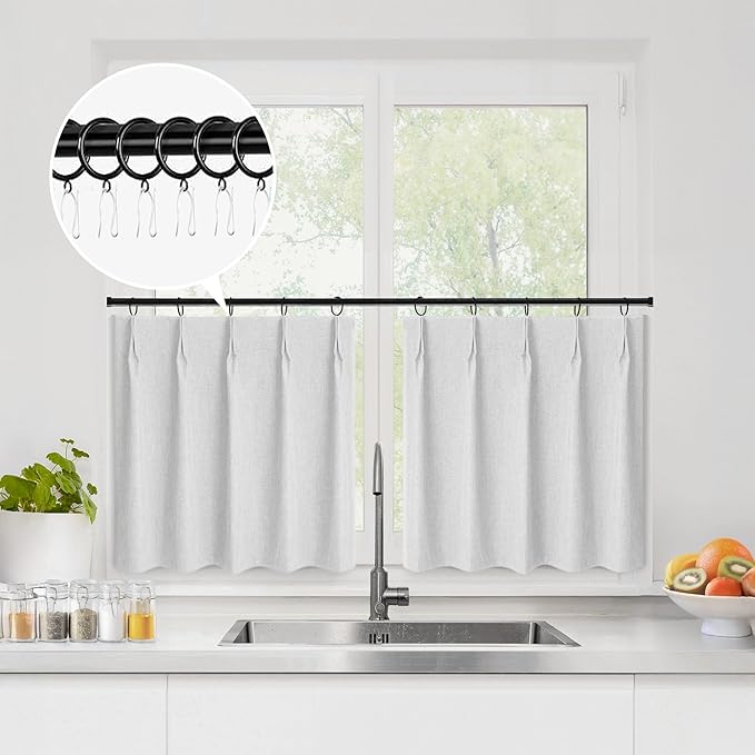 WdFour 30x24 Inch Pinch Pleated Blackout Cafe Curtains - Pack of 2, 100% Light Blocking Back Tab Drapes for Half Windows, Kitchen & Bathroom Short Curtains (Greyish White)