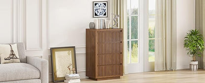 Fluted 4 Drawer Dresser, Mid Century Small Dresser for Bedroom, Wood Chest of Drawers, Modern Closet Clothes Organizer, Walnut Wooden Storage for Living Room, Brown