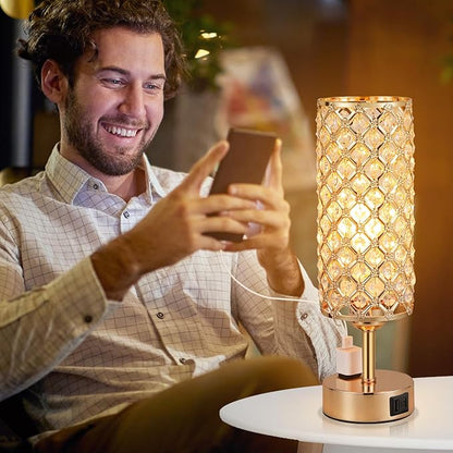 Hong-in Gold Lamps Set of 2, Dimmable Gold Lamps for Nightstand with USB-C+A & AC Charging Ports, 3-Way USB Crystal Lamp, Bedside Desk Light for Bedroom Living Room Home Office(Bulb Included)