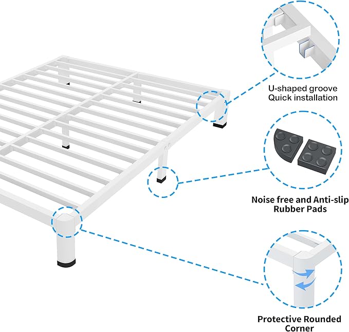 ROIL 4 Inch White Queen Bed Frame with Rounded Corner and Mattress Retainers, 3500LBS Heavy Duty Steel Slats No Box Spring Needed Platform Noise-Free Easy Assembly