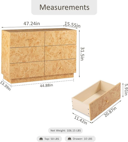 Modern 6 Drawer Dresser Set of 2 with Burl Finish, Wide Wood Chest of Drawers Clothes Organizer, Stylish Large Storage Cabinet for Bedroom or Entryway