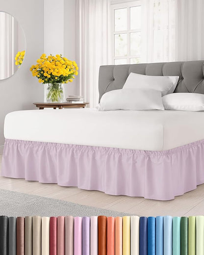 Wrap Around Dust Ruffle Bed Skirt - Light Lavender - for King Size Beds w/ 12 Inch Drop - Easy Fit Elastic Strap - Adjustable Pleated Bedskirt w/Brushed Fabric Wrinkle Free, Women, Men, Kids & Teens