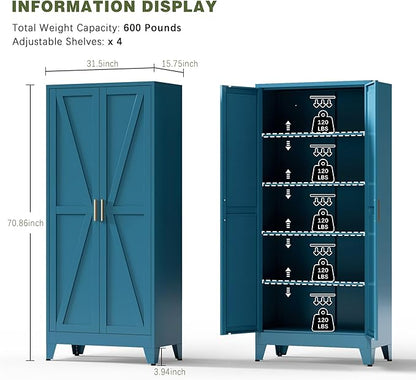 COFaR Home Farmhouse Storage Cabinet with Barn Door, Tall Kitchen Pantry Cupboard with Adjustable Shelves, for Dining Room, Bathroom, Living Room Blue.