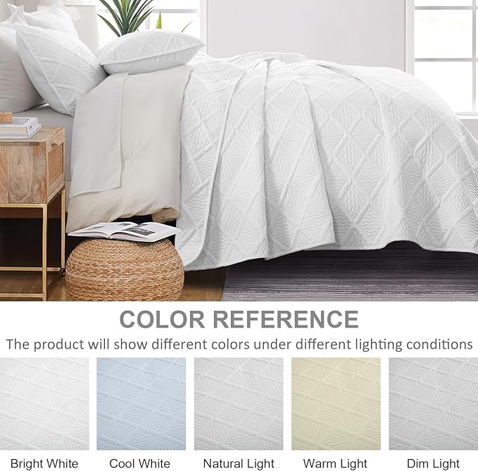 Yiran Quilt Queen Size Bedding Set White Bedspreads Embossed Diamond Pattern 3 Piece Soft Microfiber Coverlet for All Season with 2 Pillow Shams (Full Queen, 96x90 Inch)
