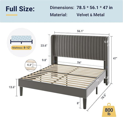 Allewie Full Size Velvet Bed Frame/Vertical Channel Tufted Wingback Headboard/Upholstered Platform Bed/Strong Wooden Slats/No Box Spring Needed/Easy Assembly/Grey