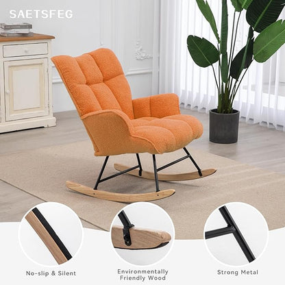 Rocking Chair Nursery Teddy Upholstered Glider Rocker Rocking Accent Chair Padded Seat with High Backrest Armchair Comfy Side Chair for Living Room Bedroom Offices (Orange Teddy)