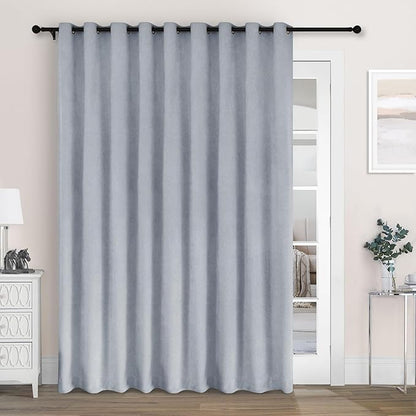 Macochico Extra Wide 100% Blackout Chenille Curtains 100" Wx96 L Thermal Drapes for Sliding Door Living Room Bedroom Auditorium Hotel Gray Blue Curtains Grommet Top with Tieback Classic 1 Panel