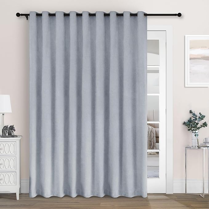 Macochico 100" Wx84 L Gray Blue Full Blackout Curtains for Sliding Door, Thermal Insulated Drapery for Living Room Bedroom Windows Patio Door, Modern Chenille Grommet Curtains with Tieback 1 Panel