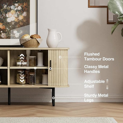 55''W Natural Storage Cabinet, Media Console, Tambour TV Stand, Television Stands with Curvy Edge; Sliding Door, Fluted Cabinet, Buffet Sideboard, Credenza, Table Stand for Living Room, Kitchen