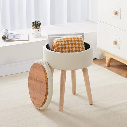 Mxfurhawa Storage Ottoman Linen Round Vanity Stool Tray Top Modern Foot Stool with Wood Legs Multifunctional Upholstered Foot Ottoman Rest for Living Room, Bathroom, Makeup (White)