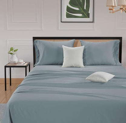 LANE LINEN 100% Cotton 600 Thread Count Twin Bed Sheets - Mercerized Cotton Fully Elasticized Sheets Twin Size, Ultra Soft & Comfy Sateen Weave Bedding Sheets & Pillowcases Sets - French Blue