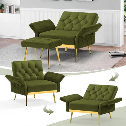 Velvet Accent Chair w/Adjustable Armrests and Backrests, Tufted Single Sofa with Ottoman, Upholstered Reading Chiar for Living Room, Apartment, Bedroom, Olive Green