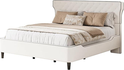 Christopher Knight Home Salus Linen Upholstered Queen Size Bed Frame with Headboard, Modern Queen Bed Frame and Headboard, Wooden Slats Support, Easy Assembly, No Box Spring Needed, Beige