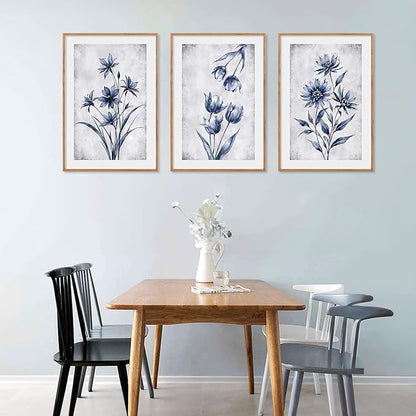 LHIUEM Navy Blue and Grey Flower Framed Canvas Wall Art Set,Modern Botanical Plant Wall Decor,Neutral Wildflower Painting,Watercolor Aesthetic Floral Artwork for Living Room,Bedroom,Office-16''x24''x3