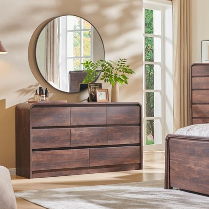 Modern 8 Drawers Dresser for Bedroom, 55" Wide Dressers & Chest of Drawers w/Curved Profile Design, Wood Mid Century Storage Dressers Organizer for Bedroom, Living Room, Brown