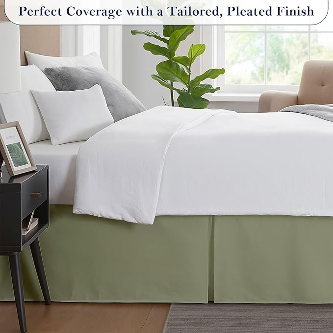 Queen Bed Skirt, Luxury 16 Inch Drop Sage Pleated Bed Skirt, Double Brushed Microfiber, Box Pleat Design, Wrinkle & Fade Resistant, Easy Fit Tailored Bedskirt for Queen Size Beds