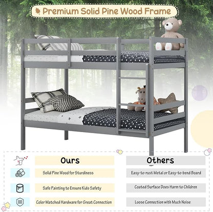 KOMFOTT Wood Bunk Bed Twin Over Twin, Bunk Bed with Ladder & Safety Guardrail, Solid Wood Bed Frame, Ideal for Dormitory & Multiple-Child Family, No Box Spring Needed, Kids Bunk Bed