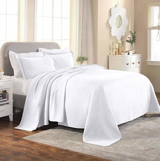 Superior 3 Piece Basketweave Cotton Bedspread Set, Home Bed Decor, Decorative Bed Spread, 2 Pillow Shams, Medium Weight Blanket, Matelasse Coverlet Bedding, Geometric Lattice Pattern, Full, White