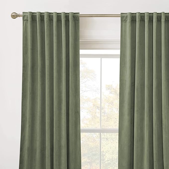 RYB HOME Plush Velvet Curtains, Heavy Duty Back Tab Decorative Window Drapes Privacy Room Darkening Covering for Living Room Playroom, Sage Green, W52 x L120 inches, Set of 2 Panels