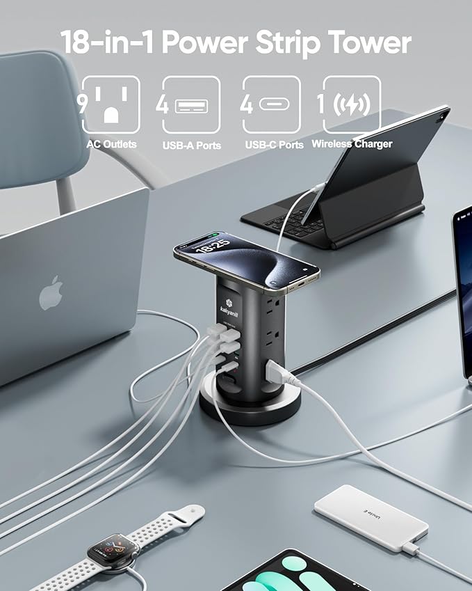 115W USB Charging Station, Surge Protector Power Strip Tower, 9 AC Outlets with 8 USB Ports(4 USB-C), 6Ft Flat Plug Retractable Extension Cord, for Home Office Dorm, Black
